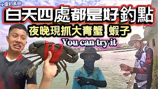白天四處都是好釣點，夜晚抓大螃蟹、蝦子正是肥美好吃的時期。