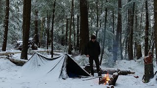 Vintage Military Pup Tent in Heavy Snow & Freezing Rain - Solo Bushcraft Trip