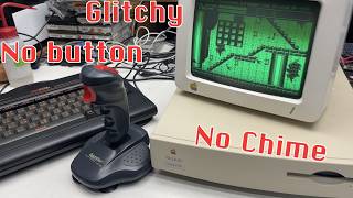 No chime recapped Quadra 605 (LC475). QuickShot joystick with no fire button. Glitchy Apple 9 CRT.