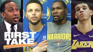 Stephen A. says Steph Curry \& Kevin Durant aren't telling truth about Lonzo Ball | First Take | ESPN