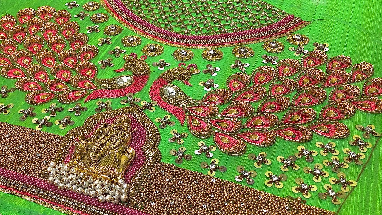 Bridal blouse/peacock feather tutorial/Waterfill with sugar beads/ Zardosi tutorials/