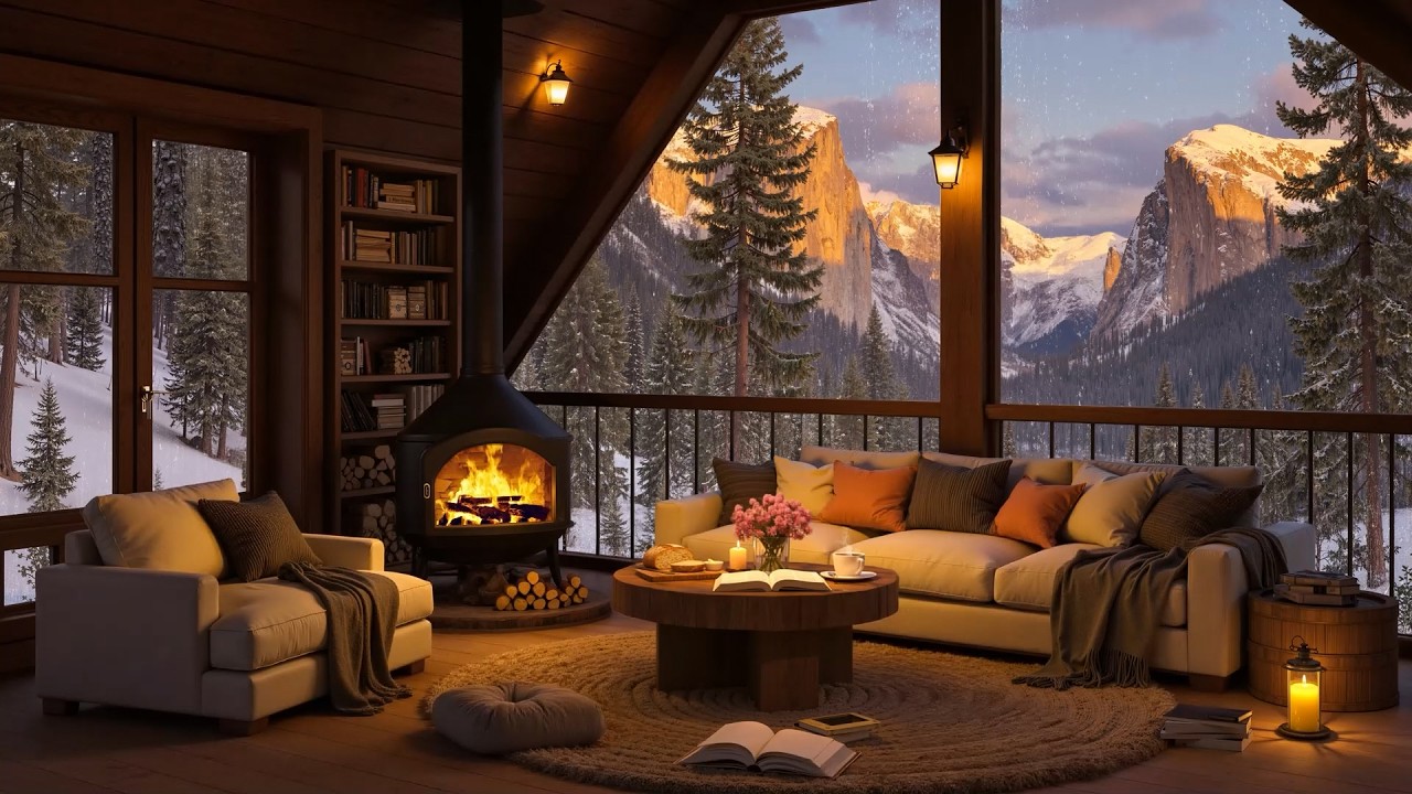 Serene Day in Cozy Winter Cabin Ambience | Soothing Piano Jazz & Crackling Fireplace to Relaxation
