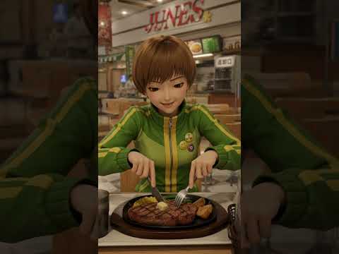 chie satonaka eating steak in junes #p4r #persona4revival #persona4