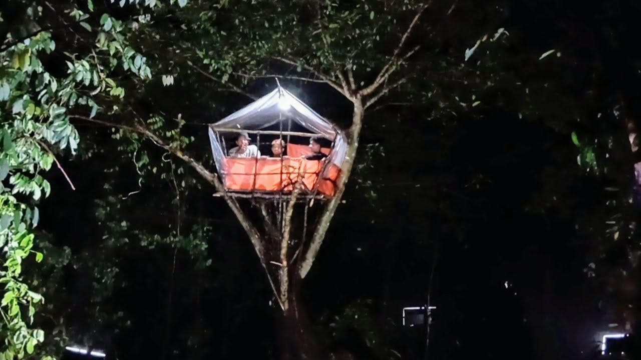 camping hujan deras membangun shelter di atas pohon pinggir jurang di hibur guruh dan petir