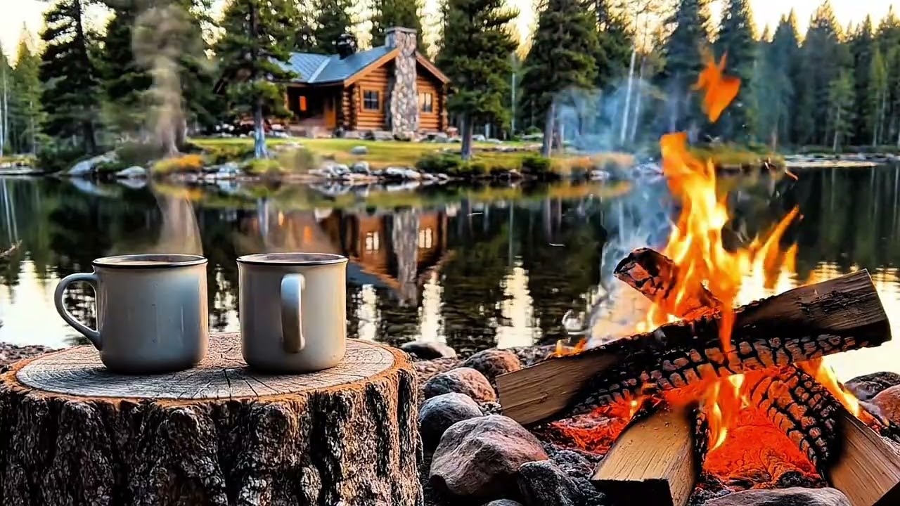 4 Hours Cozy Campfire by the Lake 🔥🌲 | Relaxing Nature Sounds & Soft Guitar for Sleep & Relaxation 