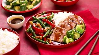 Char Siu Pork with Stir-Fried Veggies and Smashed Cucumber Salad