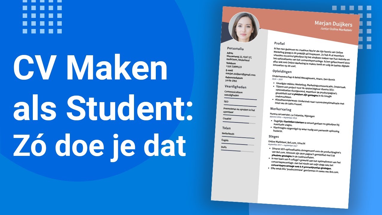 vertegenwoordiger contant geld monster Hoe maak je een CV als student (5 simpele stappen) | Inclusief voorbeeld -  YouTube