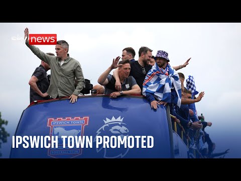 Ipswich Town fans enjoy 'long-awaited' open-top bus celebrations after Premier League promotion.