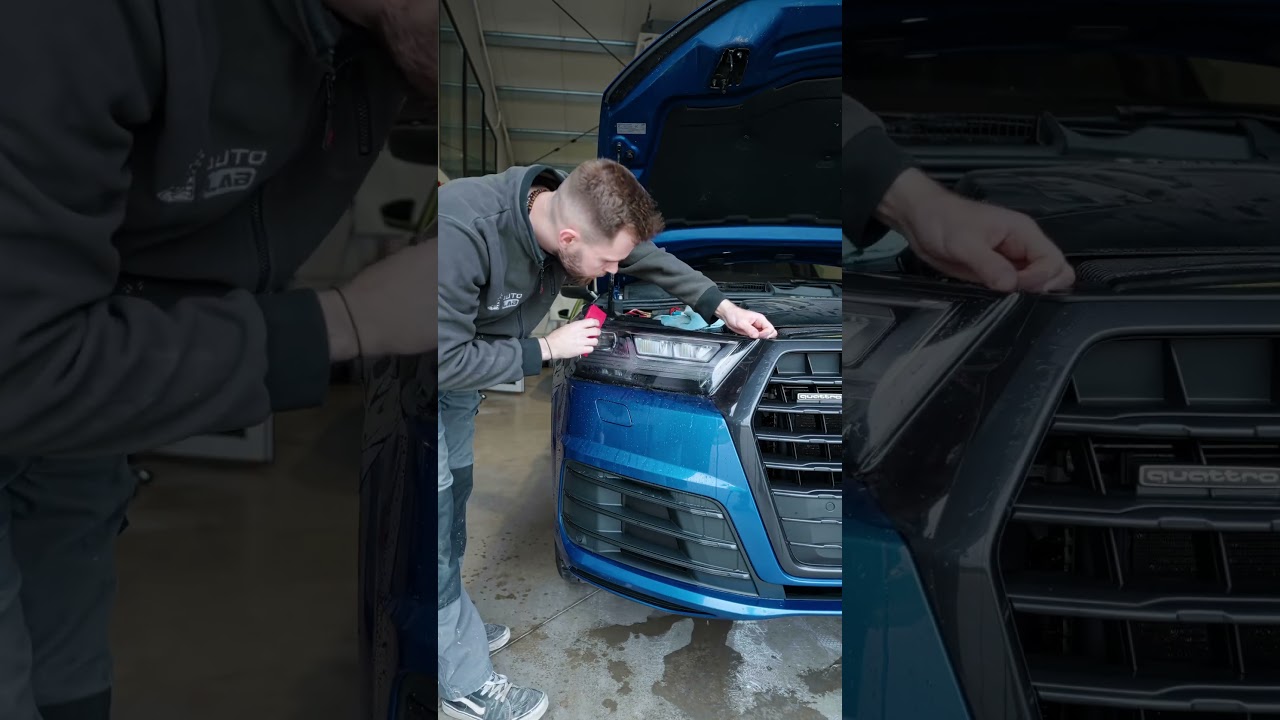 AutoLAB PPF plėvelės formavimo ant automobilio žibinto proceso kadras