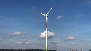 Wind becomes electricity. Onshore wind power „onshore“.7wind turbines,1 windmill and 1windmill park.