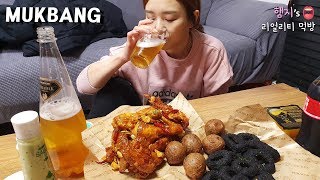 Real Mukbang :) Spicy Chicken★Black Cheese Balls & Squid ring Mukbang (ft. beer🍺)