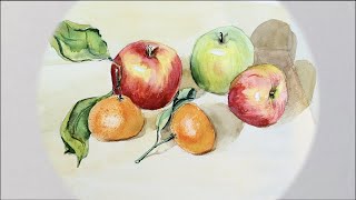 Акварельный натюрморт с яблоками и мандаринами.
