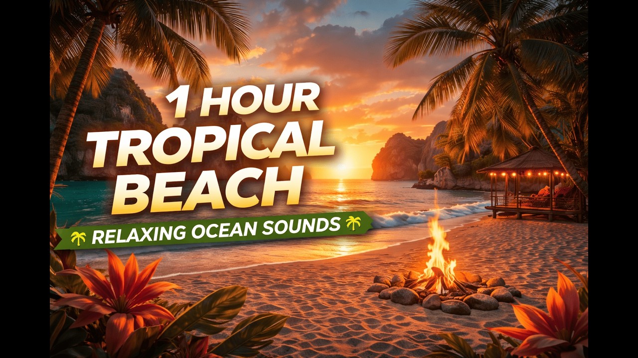 1 Hour Tropical Beach Sunset Ambience 🌅 Relaxing Ocean Waves for Sleep & Stress Relief