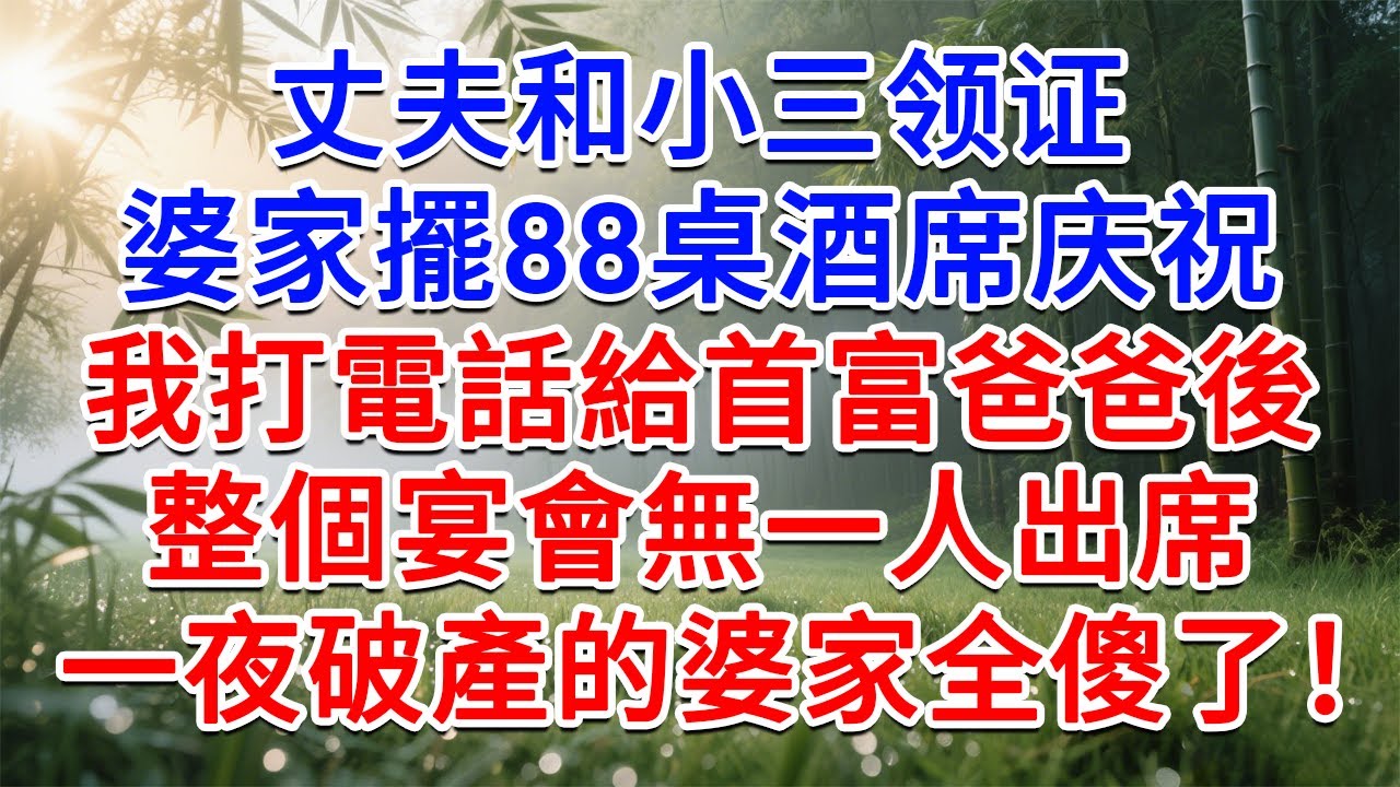 丈夫和小三领证，婆家擺了88桌酒席庆祝，我打電話給首富爸爸後，整個宴會無一人出席，一夜破產的婆家全傻了！#為人處世#生活經驗#情感故事#故事#小說#戀愛#情感#婚姻