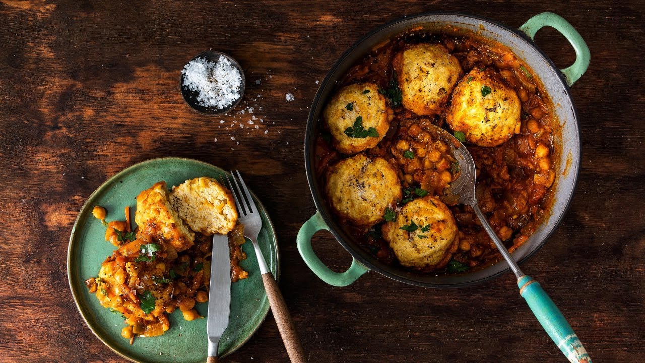 Chickpea stew with cornbread dumplings recipe with Rhodes Quality - YouTube