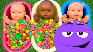 Full of 3 Rainbow BathTubs Candy with M&amp;M's &amp; Magic Slime Cutting Video