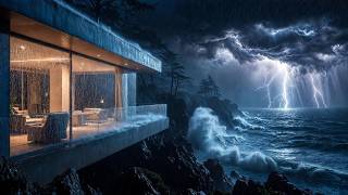 Deep Thunder Over Sea ⚡🌊 Rain & Waves at Cliffside House (3 Hours Sleep Sounds)