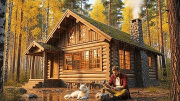 Building a Secret Log Cabin in the Woods With NO Power Tools In 24 Hours in Heavy Rain