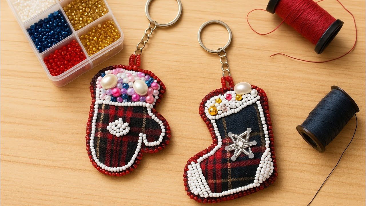 ✨Cómo hacer llaveros navideños con tela reciclada y chaquiras / manualidades fáciles y ecológicas 