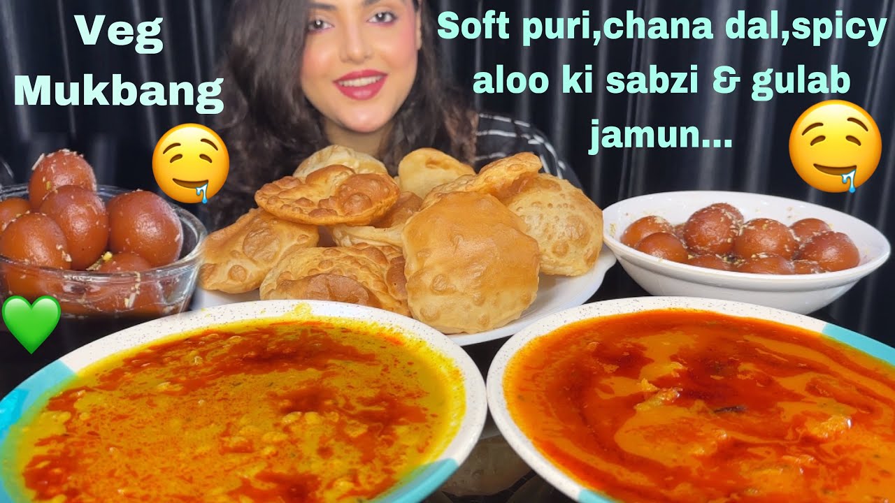 Soft Puri, Chana Dal, Spicy Aloo ki Sabji, Gulab Jamun| Veg Mukbang Eating Show| ASMR
