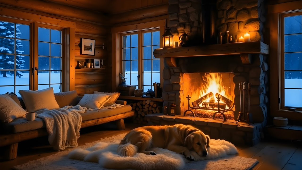 Crackling Fireplace Ambience | Cozy Cabin Night Scene