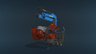 This is woodharvester implement with 3 point hitch. It is used for processing trees to the logs of different sizes like ingame woodharvesters.
- You need to switch between control of crane or processing head (key G)
- Working camera
- Working lights

Price: 70000 $
Required power: 190 HP
Crane length: 8m