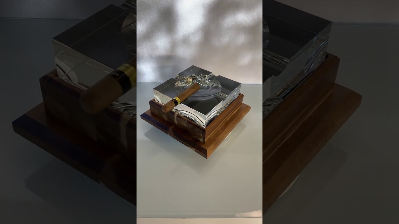 Massive Crystal Ashtray on Finished Wooden Base 