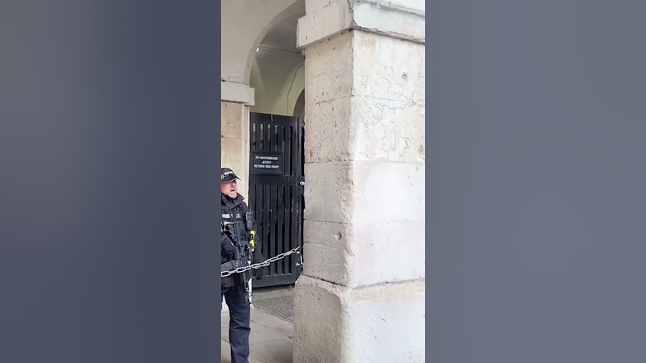An armed police officer yells at a group of girls as they laugh and scream at a King’s Guard