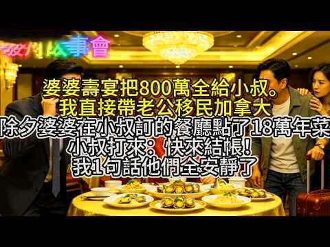 婆婆壽宴把800萬全給小叔。我沒吵沒鬧，直接帶老公移民加拿大。除夕婆婆在小叔訂的餐廳點了18萬年菜，小叔打來：快來結帳！我1句話他們全安靜了#家族鬥爭 #媳婦心聲 #八點檔真實版