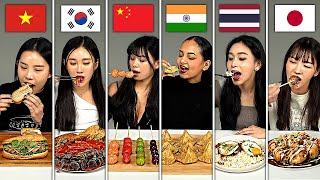 People Try Each STREET FOOD for the FIRST TIME!! (India, China, Korea, Thailand, Vietnam, Japan)