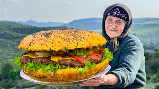 500 OUNCES BURGER! Grandma Cooking The Biggest Burger In The Village | Giant Burger For The Family