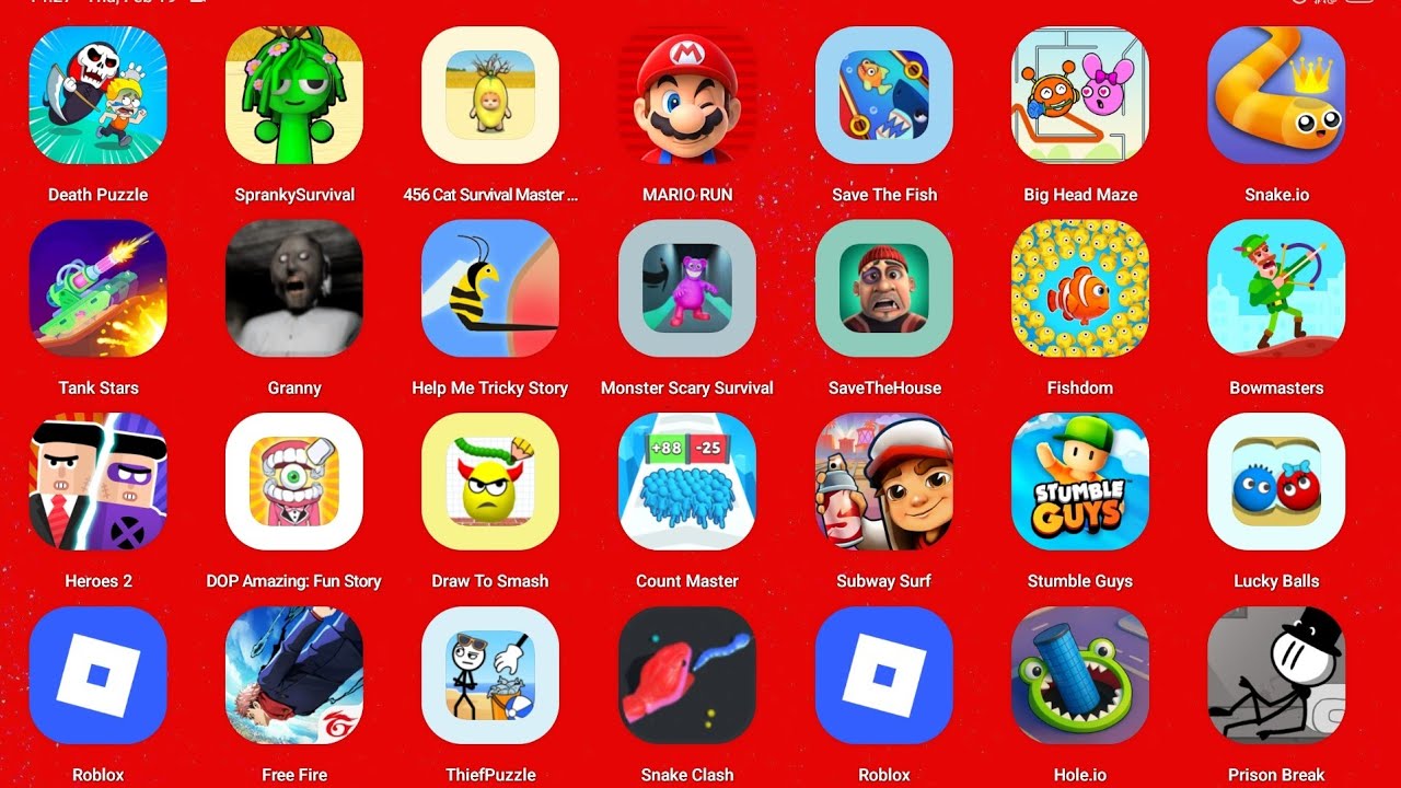 Roblox, Sprunki survival, Zombies Tsunami, Hcr 2, Death Puzzle, Save The House, Subway Surf