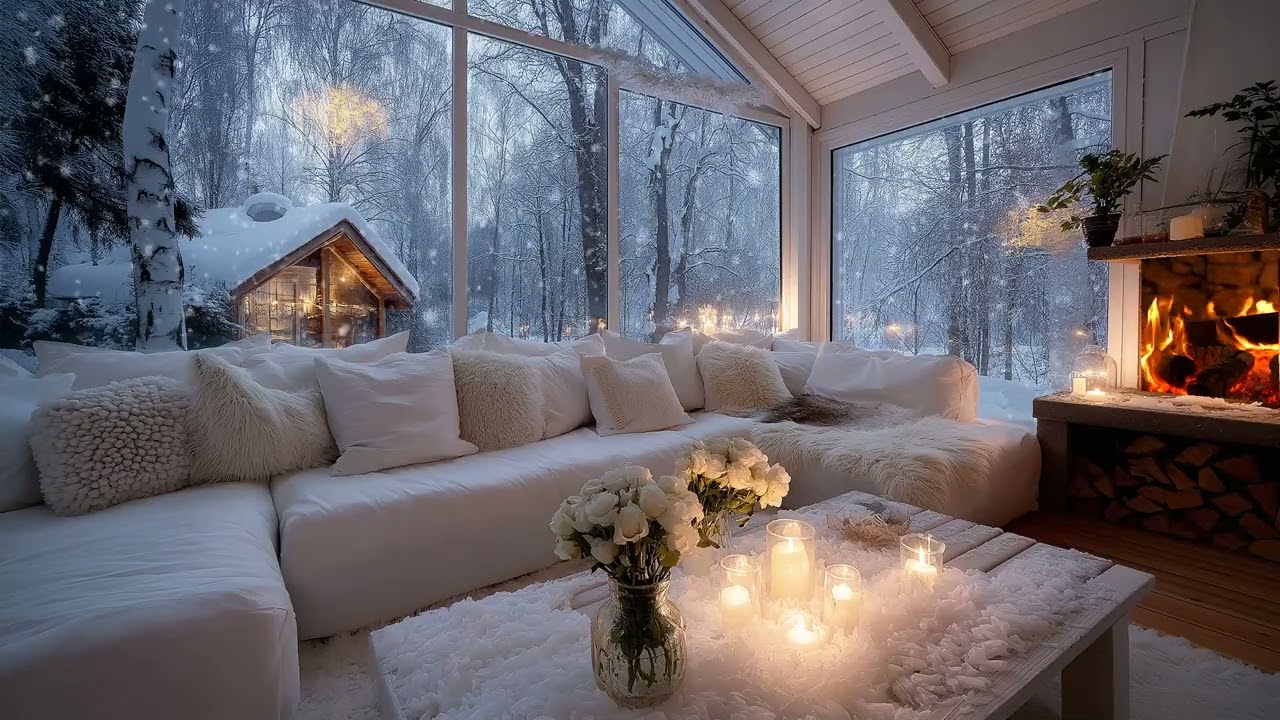 🎹 Winter Piano Lounge | White Interior Flowers & Fireplace 5 Hours | Stress Relief Sleep Relax Study