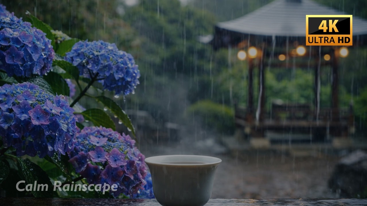 Rain Sounds for Sleep | Heavy Rain Atmosphere with Steaming Tea & Moody Hydrangea