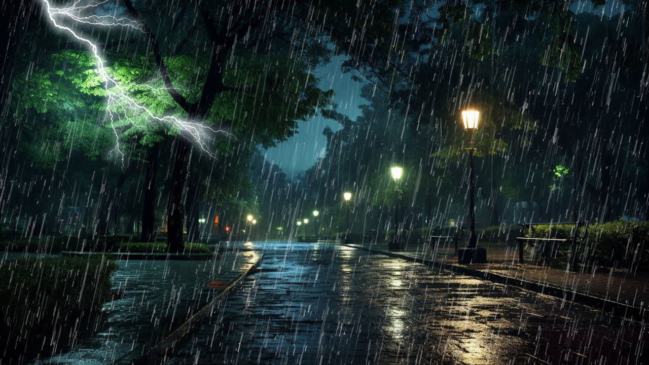 Sonido de lluvia y truenos en parque por la noche para dormir bien ...