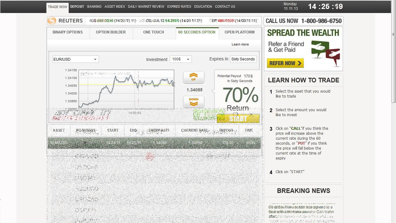 Profit In 60 Seconds - Trade Diary for Monday 11th of November 2013