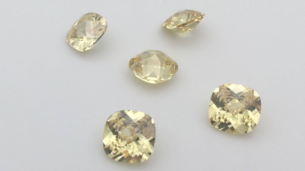 3A Quality Canary Yellow Cubic Zirconia Cushion shape checkerboard top with diamond cut gemstones