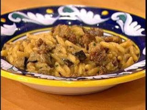 parmesan cheese vegan Cavatelli with Sausage, Eggplant and Saffron Cream