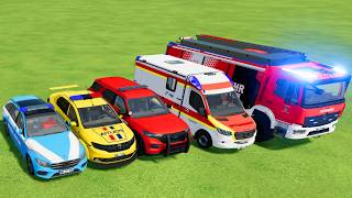 TRANSPORTING POLICE CARS, AMBULANCE, FIRE TRUCK, COLORFUL CARS WITH TRAIN -FARMING SIMULATOR 22! screenshot 2