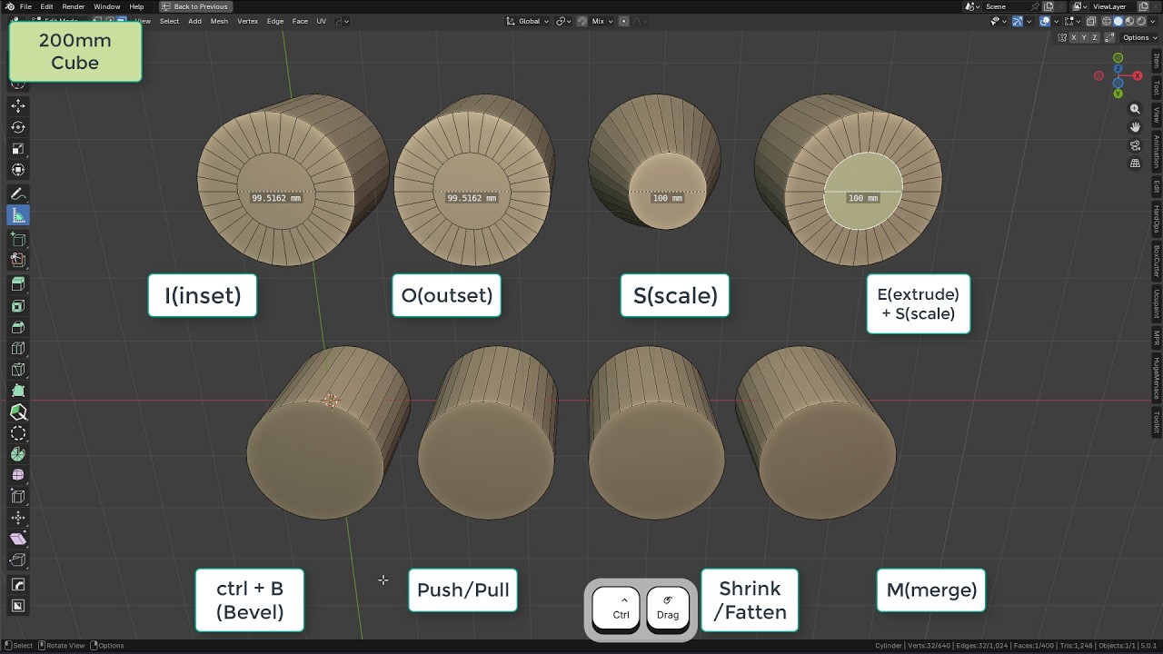 61. Precision comparison for Inset, Outset, Scale, Bevel, Push/Pull, Shrink/Flatten. Enjoy Blender!