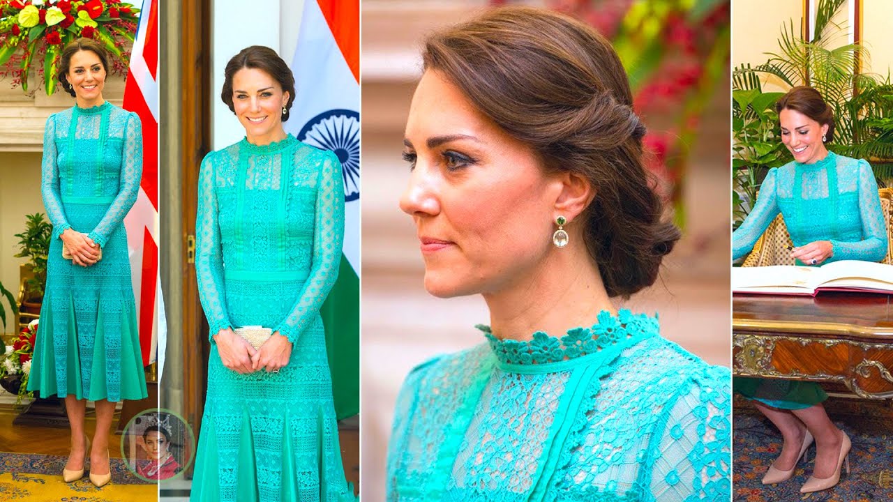 Кэтрин блистает в кружевном платье цвета нефрита и серьгах с зелеными аметистами на обеде