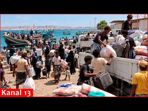 Yemeni refugees crossing Bab el-Manbeb Strait to flee fighting arriving in Djibouiti