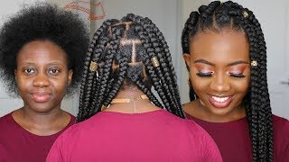 EASIEST JUMBO BOX BRAIDS PROTECTIVE STYLE On 4C Natural Hair | RUBBER BAND METHOD TUTORIAL | How-to