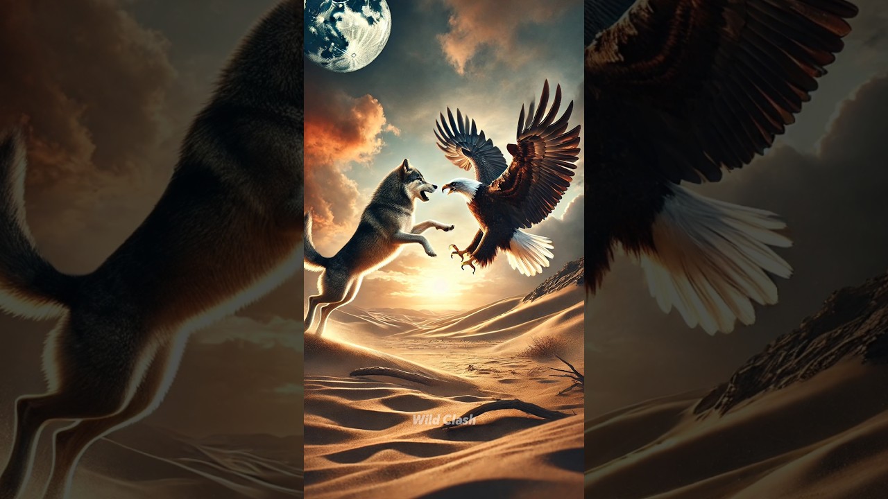 Epic Clash: Wolf vs Eagle in the Desert! Intense Showdown Under the Moonlight 