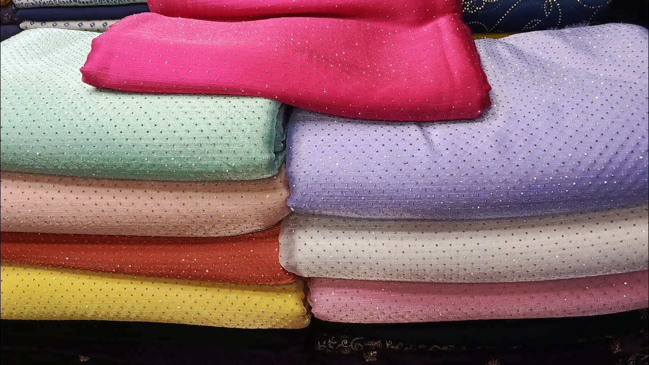 Trending Silver Stone Work Crinkle Sheesha Silk for Maxi frock shirts Saree.etc..