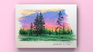 Oil Pastel Painting 油画棒 - Sunset in Forest | easy drawing
