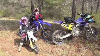 2 kids with Dad on a Dirt Bike trail riding adventure YZ450f, YZ250f, KLX110L, and the Husqvarna ee
