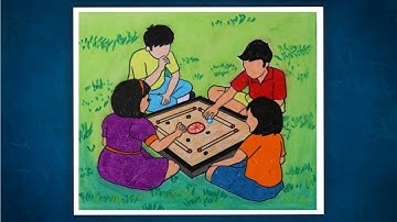 Kids playing carrom Scenery drawing | Scenery Drawing of Carrom Board | Color Pencil drawing