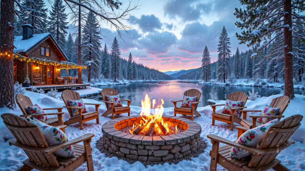 Cozy Winter Lakeside Cabin ❄️🔥 Relaxing Piano Music, Crackling Campfire & Gentle Snowfall Ambience