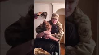Son returns home from 9-month old deployment and hugs his mama